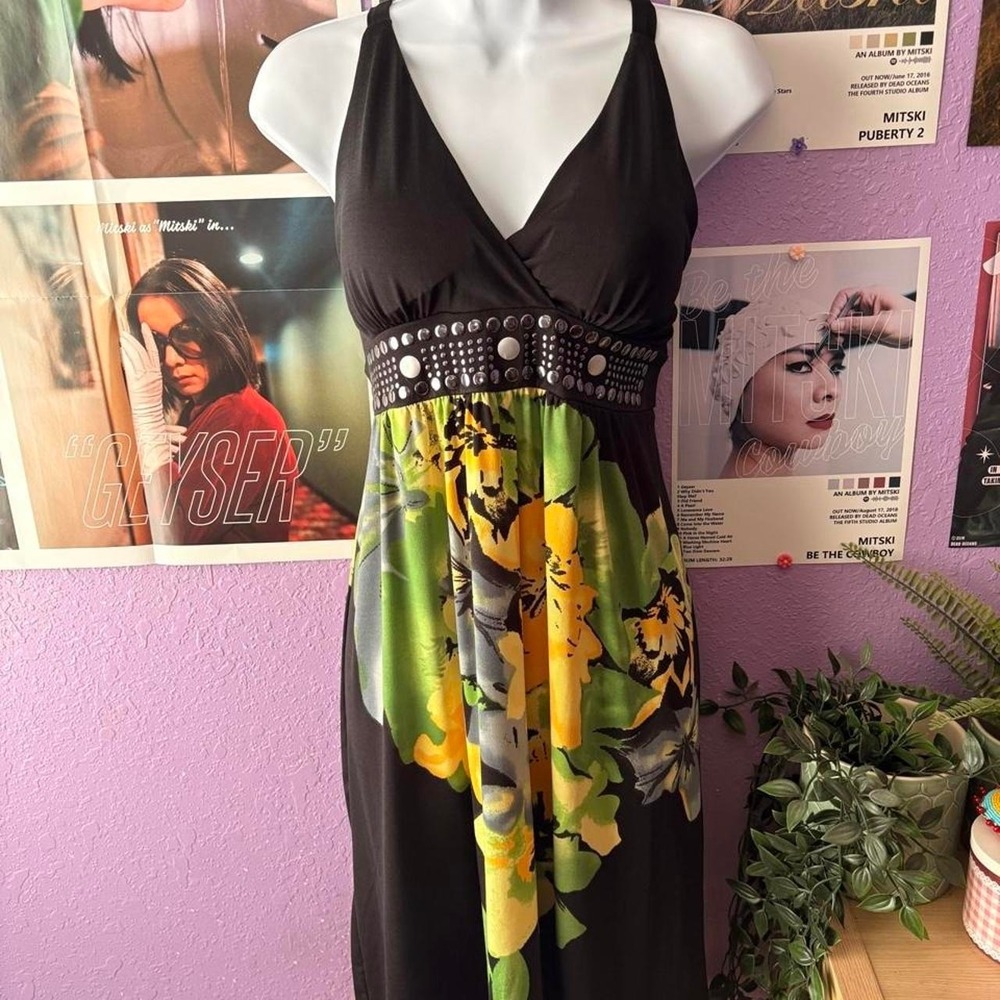 Black Studded Floral Empire Waist Halter Midi Dress Size M